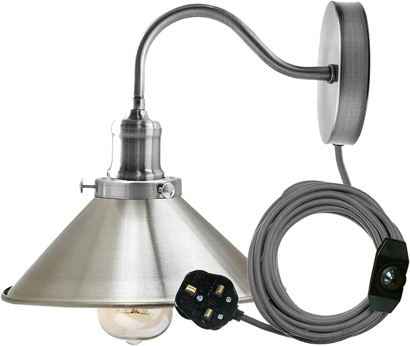 LEDSone Industrial Satin Nickel Wall Sconce with Plug-in Cord, Vintage Metal Shade, Rustic Farmhouse Wall Light with On/Off Switch - Easy Install Wall Mount Lamp for Bedroom (Satin Nickel + Bulb)
