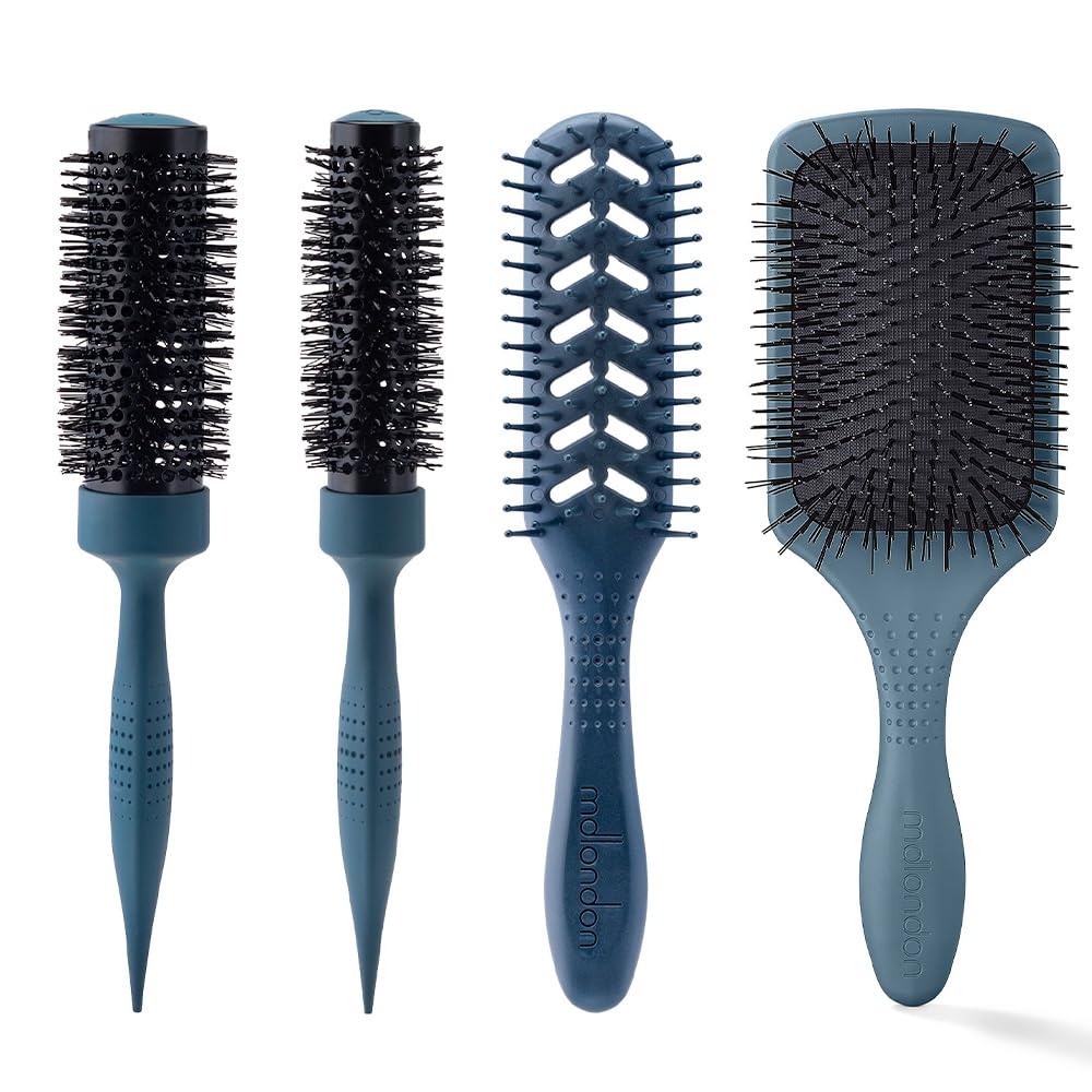 mdlondon Medium Length Thick Hair BRUSH Set (Casal Blue). Includes RADIAL 2 & 3 for Root Lift VENT for Detangling & PADD Paddle Brush for Scalp Health