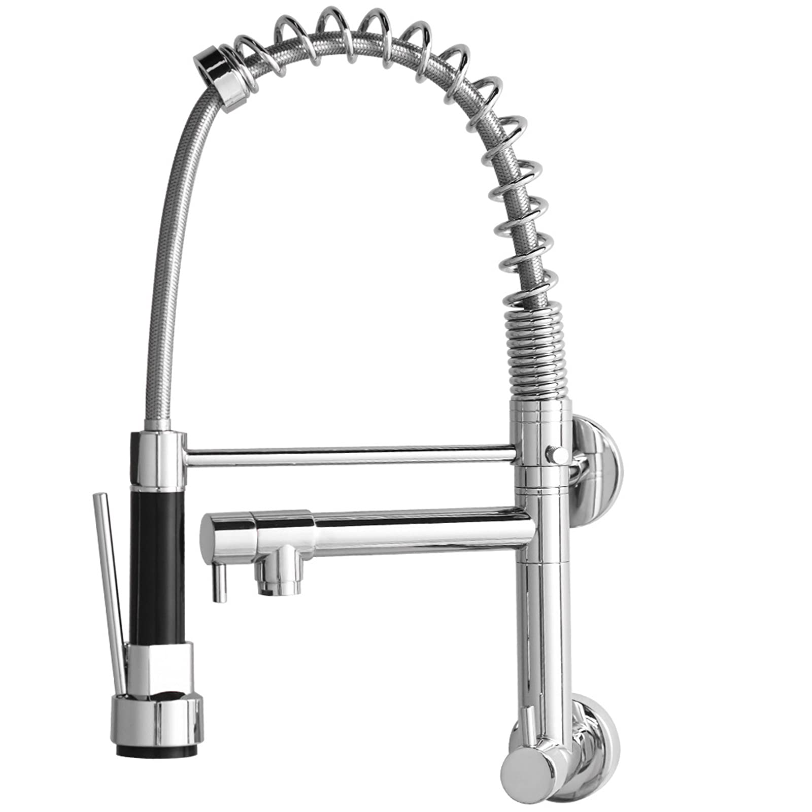 ZQFHSX Kitchen Sink Faucet with Pull Down Sprayer, 360°Rotation Wall Mount Spring Faucet, Brass Double Handle Tap, Two Water Outlet Modes,Chrome(Cromo)