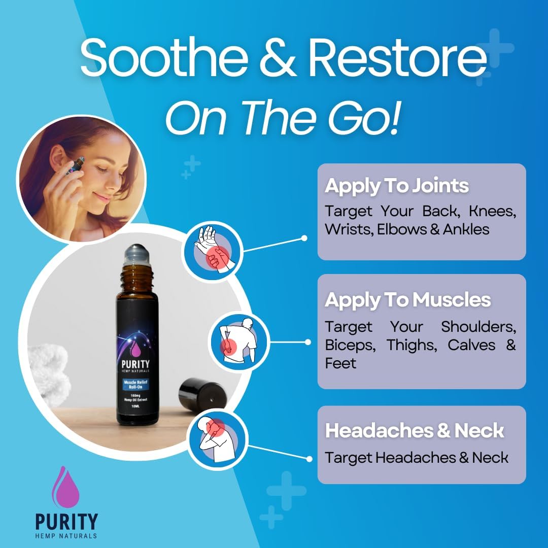 Purity Hemp Naturals Hemp Oil Roll-On for Temporary Relief On-The-Go. Lavender, Peppermint, Coconut & Frankincense Oils, Menthol & Hemp Oil Extract (100 mg).
