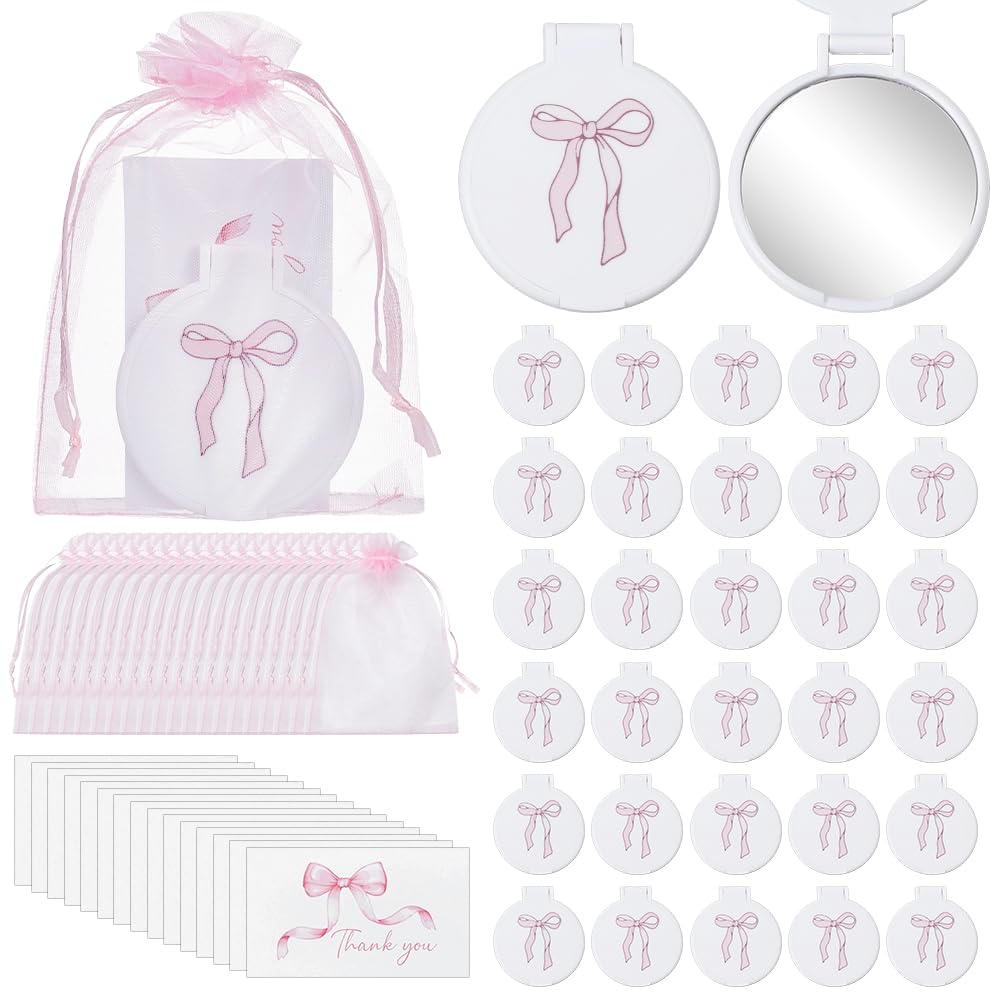 FREEBLOSS 50 Set Rosa Taschenspiegel Mit Schleife 50 Dankeskarten Und 50 Organzabeuteln – Ideal als Gastgeschenk Für Hochzeiten Geburtstage Und Babypartys. 2.4" x 2.8"