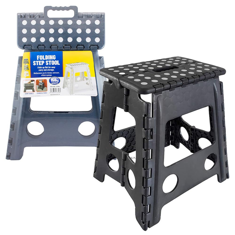 Folding Handy Step Stool - Handle Storage Collapsible Multi Use Anti Slip Grip Bathroom Garden Kitchen Office Kids Adult Foldable Space Saving Ladder Sturdy With Carry Handles Holds Up to 150kg