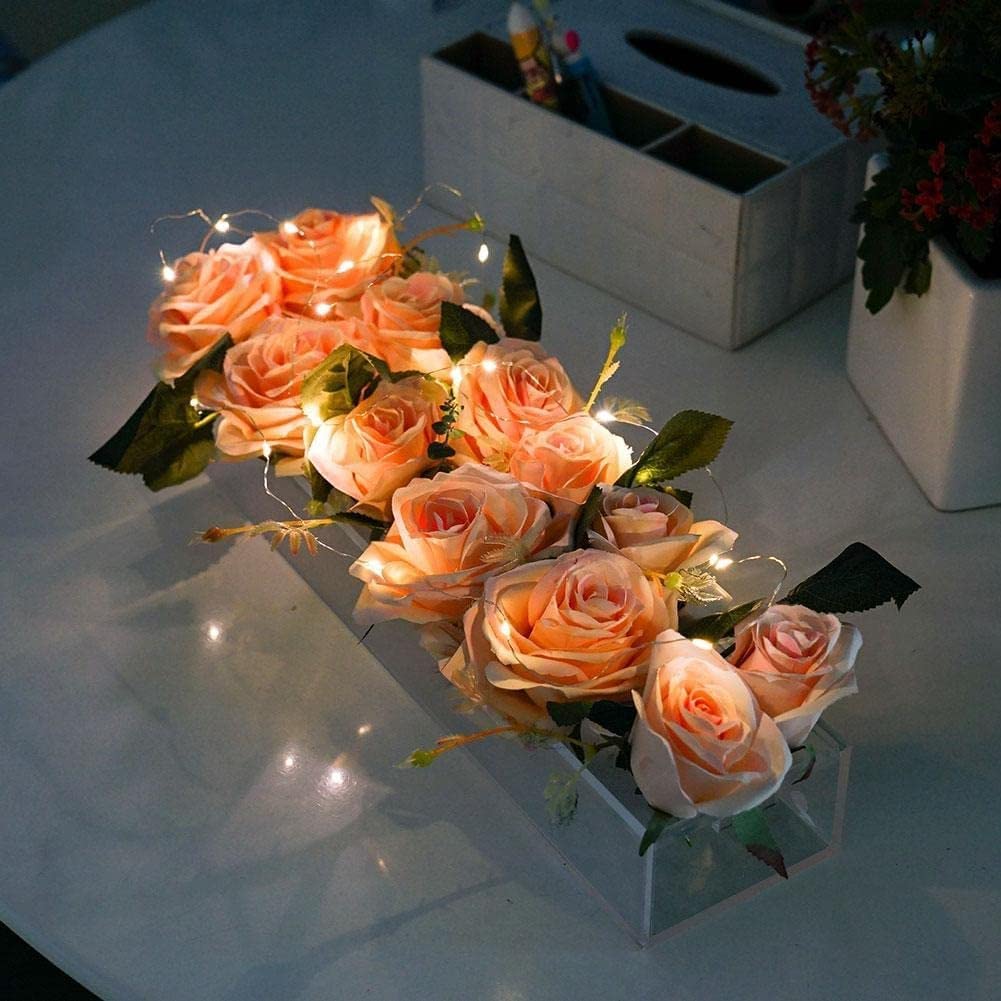 Clear Acrylic Flower Vase Rectangular Floral Centerpiece for Dining Table 24 Inch Long Rectangle Decorative Modern Vase for Weddings Home Decor (Clear With Led Lights)