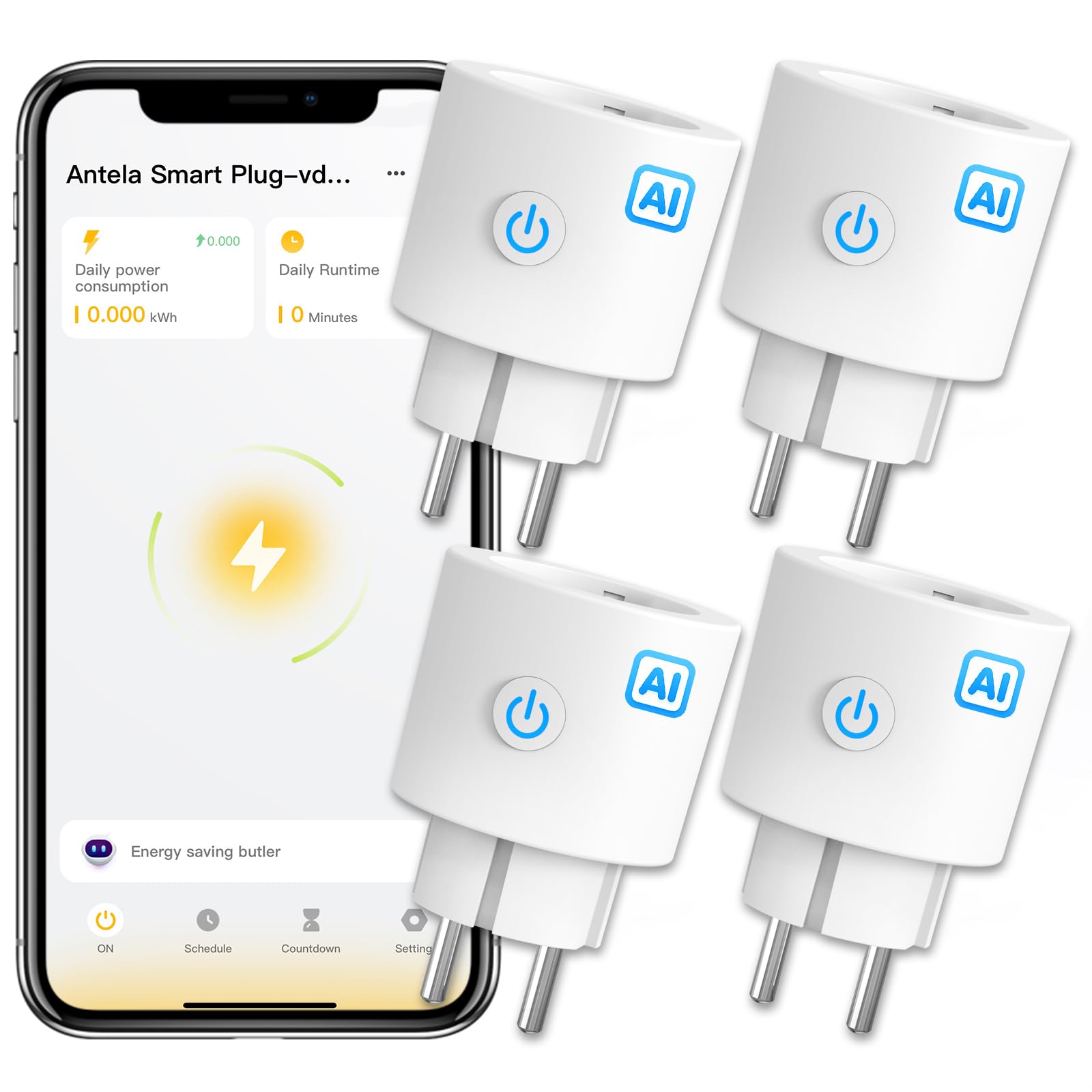 ANTELA WLAN Smart Steckdose AI mit Strommessung Elektrizitätsrechnung, 16A 3680W, kompatibel mit Google Home, Alexa, Smart Life APP, 2,4GHz, 4 Stück