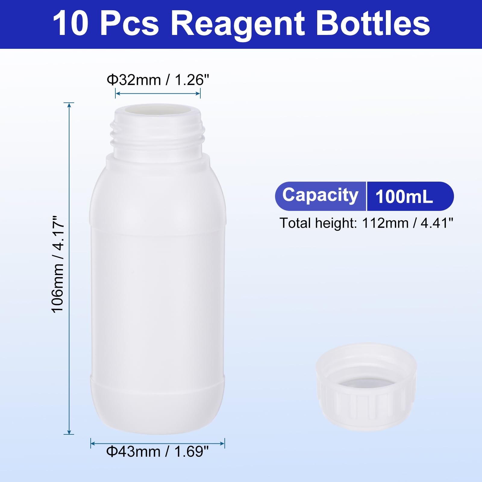 PATIKIL 10Pz 100ml Bottiglie Reagenti, Bottiglie a Bocca Rotondo Stretta PE Tappo Vite per Conservazione Acqua Liquidi e Campioni Solidi Contenitore da Laboratorio, Bianco Traslucido