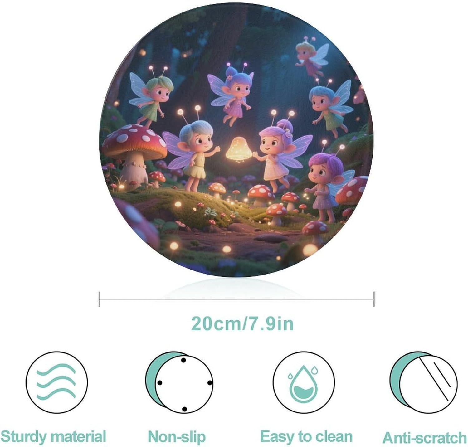 Fairies in Mushroom Forest Tempered Glass Cutting Board Sturdy Chopping Block Personalized Large Butcher Block Lightweight Round Chopping Mat for Kitchen Non Slip