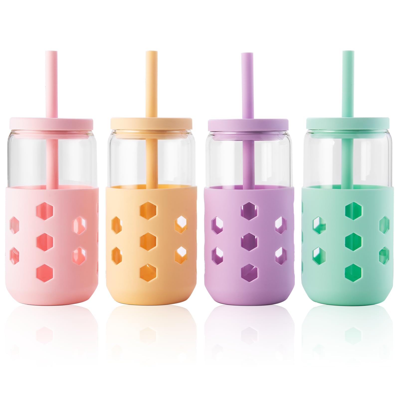 Mrsdry Glass Cups with Silicone Lids and Straws (4 Pcs), 475ml Drinking Glasses Set with Silicone Sleeves for Coffee Bar Accessories Iced Coffee Cups with Lids, Glass Tumbler Reusable for Gifts