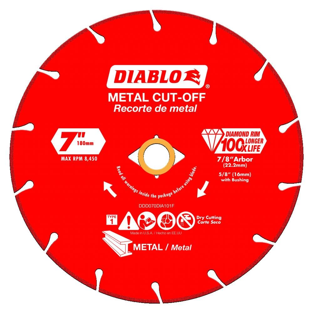 Diablo Diamond Metal Cut-Off Disc, 100X Longer Life & Safer Cutting - 7" Diameter, Type 1 Flat Wheel, Electro-Plated Diamond Edge, 5/8" & 7/8" Arbor - DDD070DIA101F