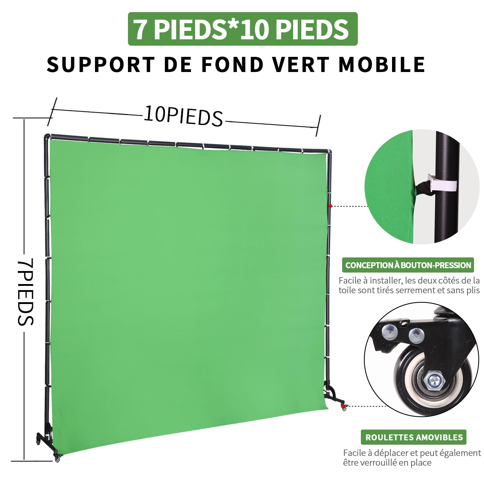Support de Fond Vert Mobile Portable 7'x10' avec roulettes pour Photographie de Portrait et Produits en Studio Enregistrement Vidéo Disposition d’Arrière-Plan de Scène de Fête en Direct