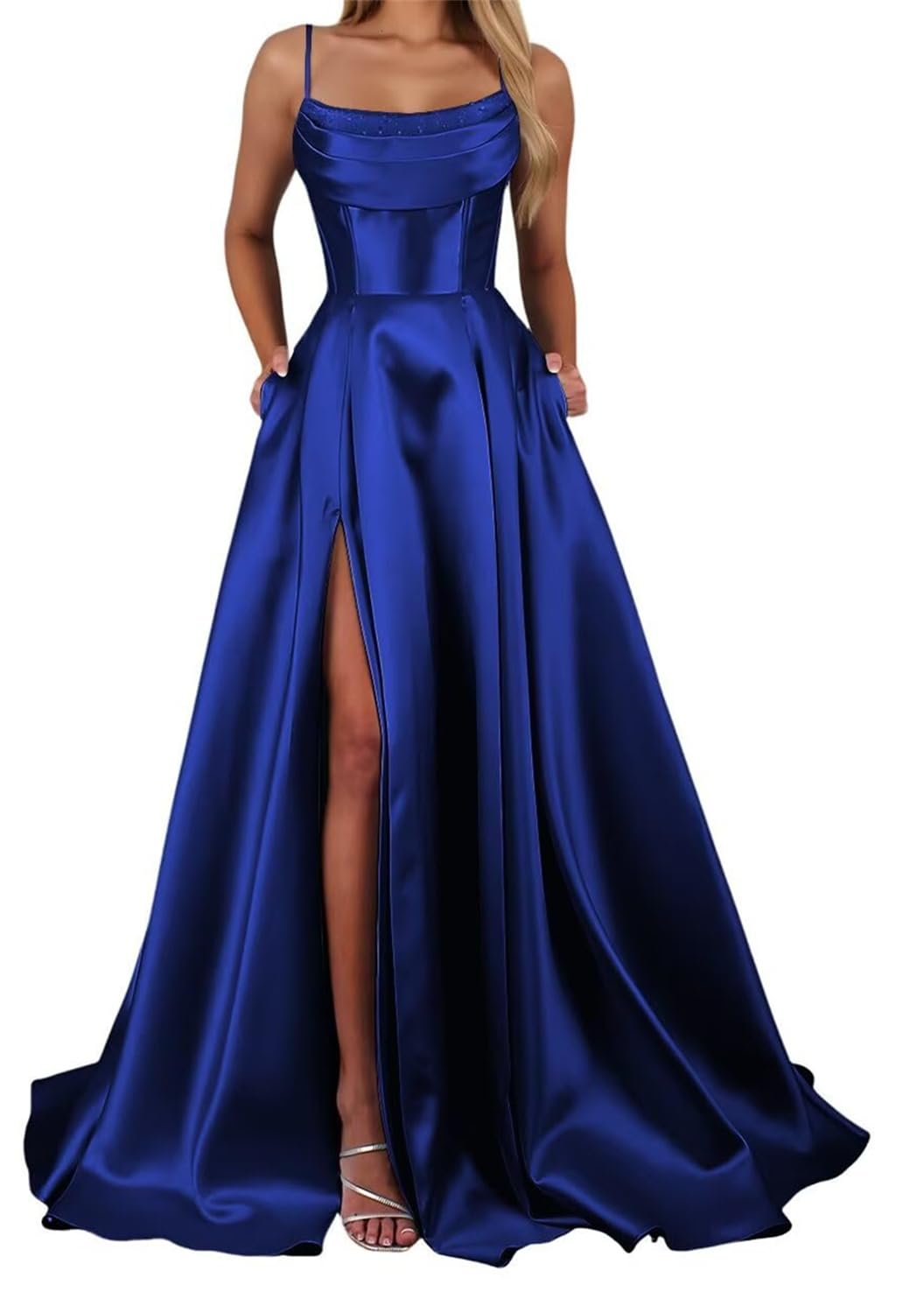 Yiann Women's Royal Blue Prom Dresses For Spaghetti Strap Satin Formal Wedding Guest Dress Long Ball Gown Uk10