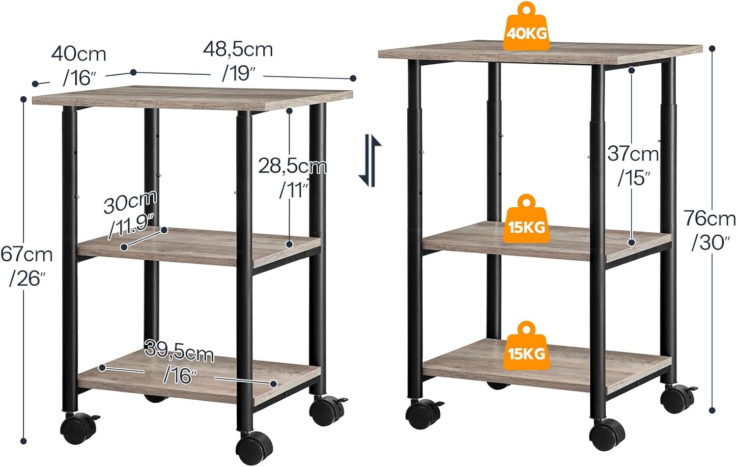 HOOBRO Printer Stand, 3-Tier Industrial Under Desk Printer Cart with Shelf, Mobile Heavy Duty Storage Rack on Wheels for Home, Office, Grey and Black BG03PS01G1 image 5