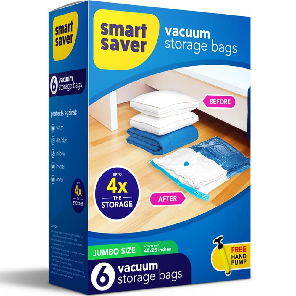 Smart Saver Vacuum Bags for Travel, Space Saver Bags 6 Jumbo (70x100cm) Compression Bags for Clothes, Storage Sealer Bags for Clothes Storage, Vaccine Packing Ziplock Bag with Hand Pump, Plastic, Blue