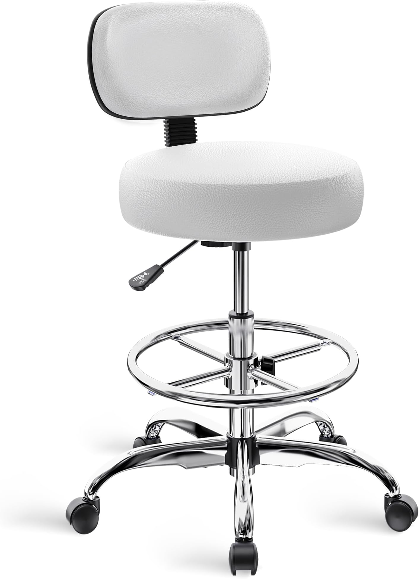 Drafting Chair with Back, Adjustable Foot Rest Rolling Stool, Multi-Purpose Office Desk Chair, Thick Seat Cushion for Home Bar Kitchen Shop - White