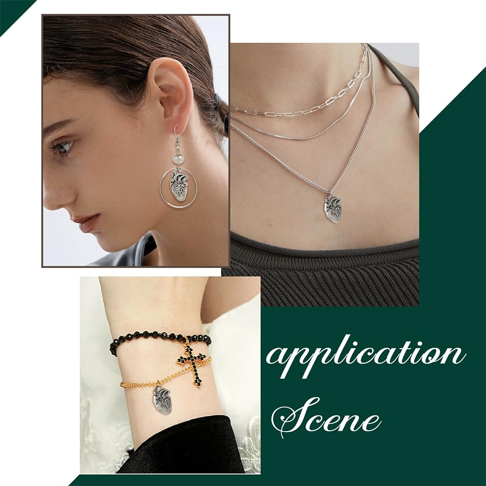 SUNNYCLUE 1 Scatola 50 Pezzi Ciondoli A Forma di Cuore Gotico Sfuso Ciondoli A Forma di Cuore in Argento Pendenti in Lega Stile Tibetano Metallo 3D Organo Anatomico Fascino di Halloween per Creazione