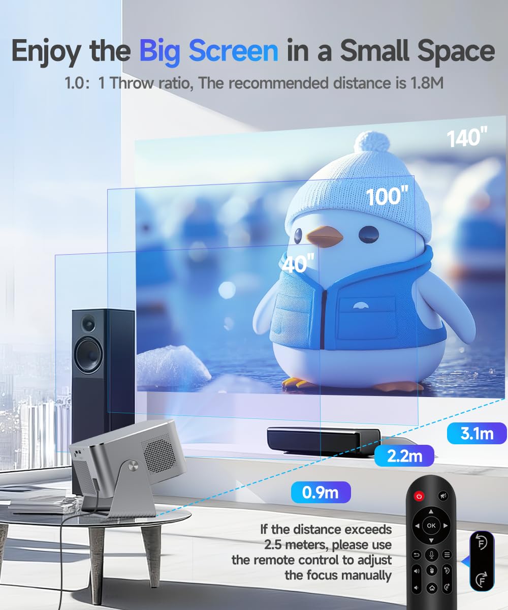 Mini Proyector Portatil 4K Full HD 1080P, 600 Lúmenes ANSI, Android 14 WiFi 6 Bluetooth 5.4, Corrección de Distorsión y Enfoque Automático, Cine en Casa Interior y Exterior