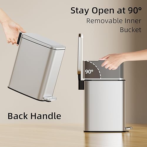 Vista 18 de Cubo de basura pequeño para baño con tapa, cierre suave, pedal escalonado, cubo de basura de acero inoxidable de 6 litros/1.6 galones con cubo