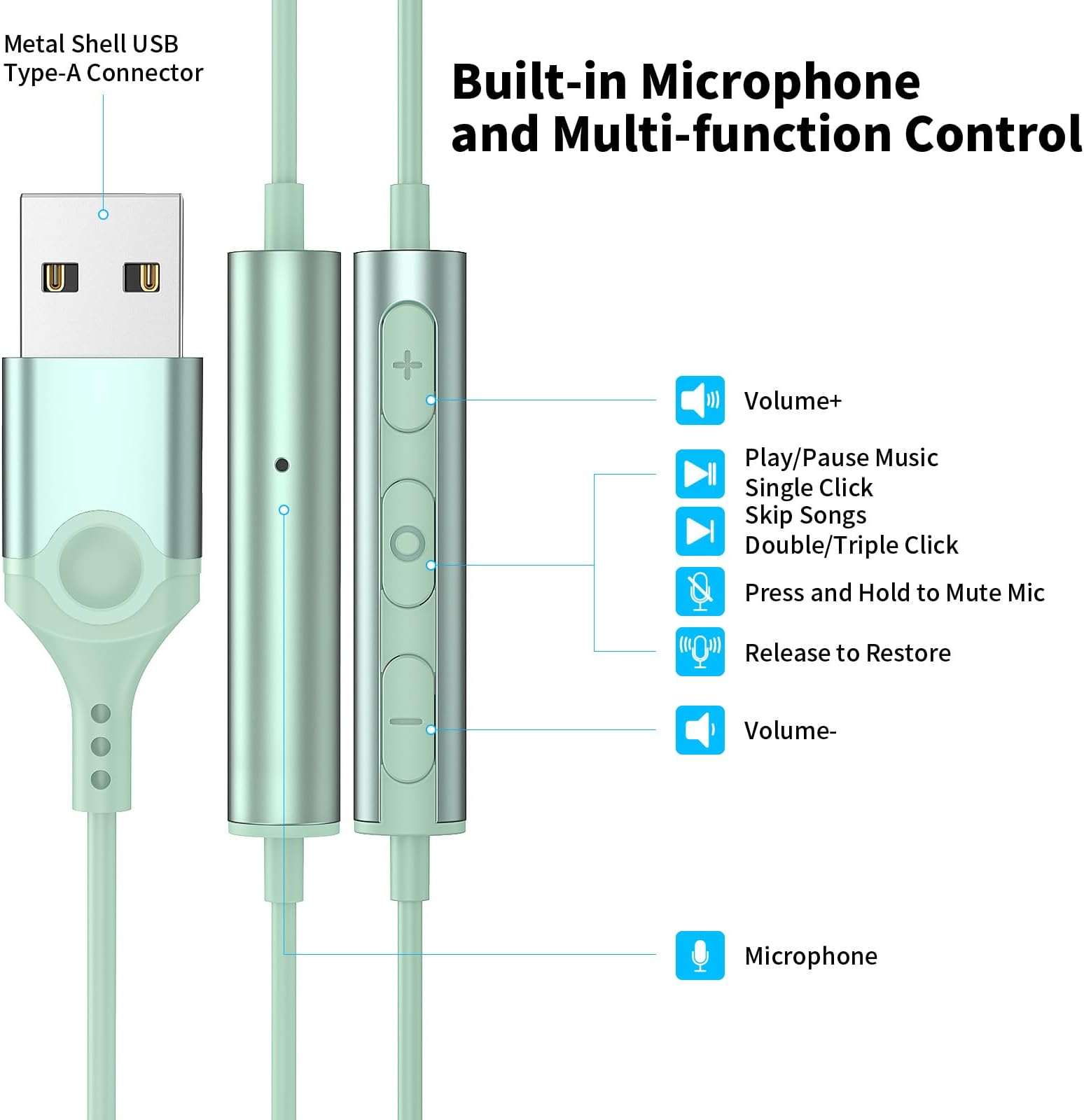 USB Headphones with Microphone for Laptop, 7.5ft Magnetic Wired Earbuds Noise Canceling in-Ear Earphones with Mute Volume Control Stereo Bass for PC Desktop Dell HP Acer Laptop Meetings,Teens,Green