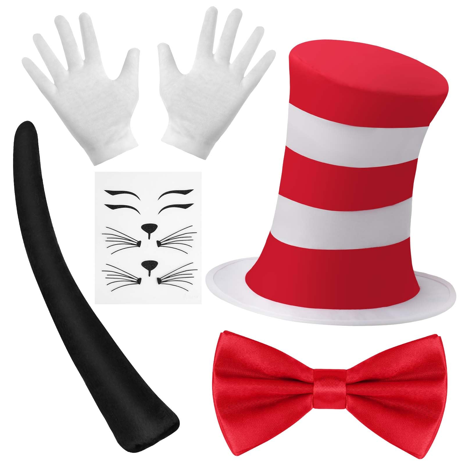 AUYAO Adults Halloween Crazy Cat Fancy Dress Costume - 4 Pcs Set With Striped Red Hat, Red Collar Tie, White Gloves, Tail - World Book Day Cat in the Hat Accessory