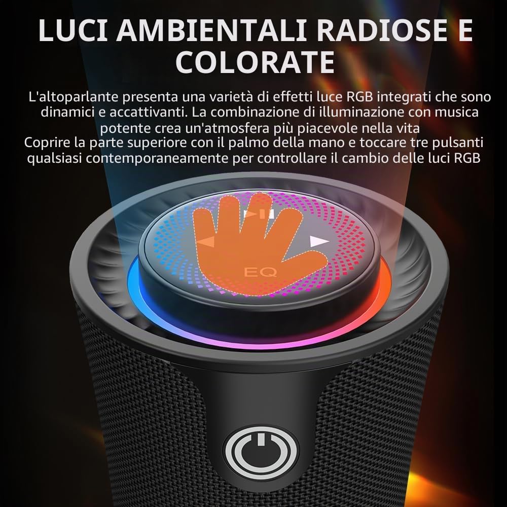 Cassa Bluetooth Portatile, 80W Peak Altoparlante Senza Fili con Bassi Profondi, Suono Stereo 360°, 24 Ore di Autonomia, Maniglia Comoda, Luci Colorate, Associazione Doppia per Casa, Feste, Outdoor