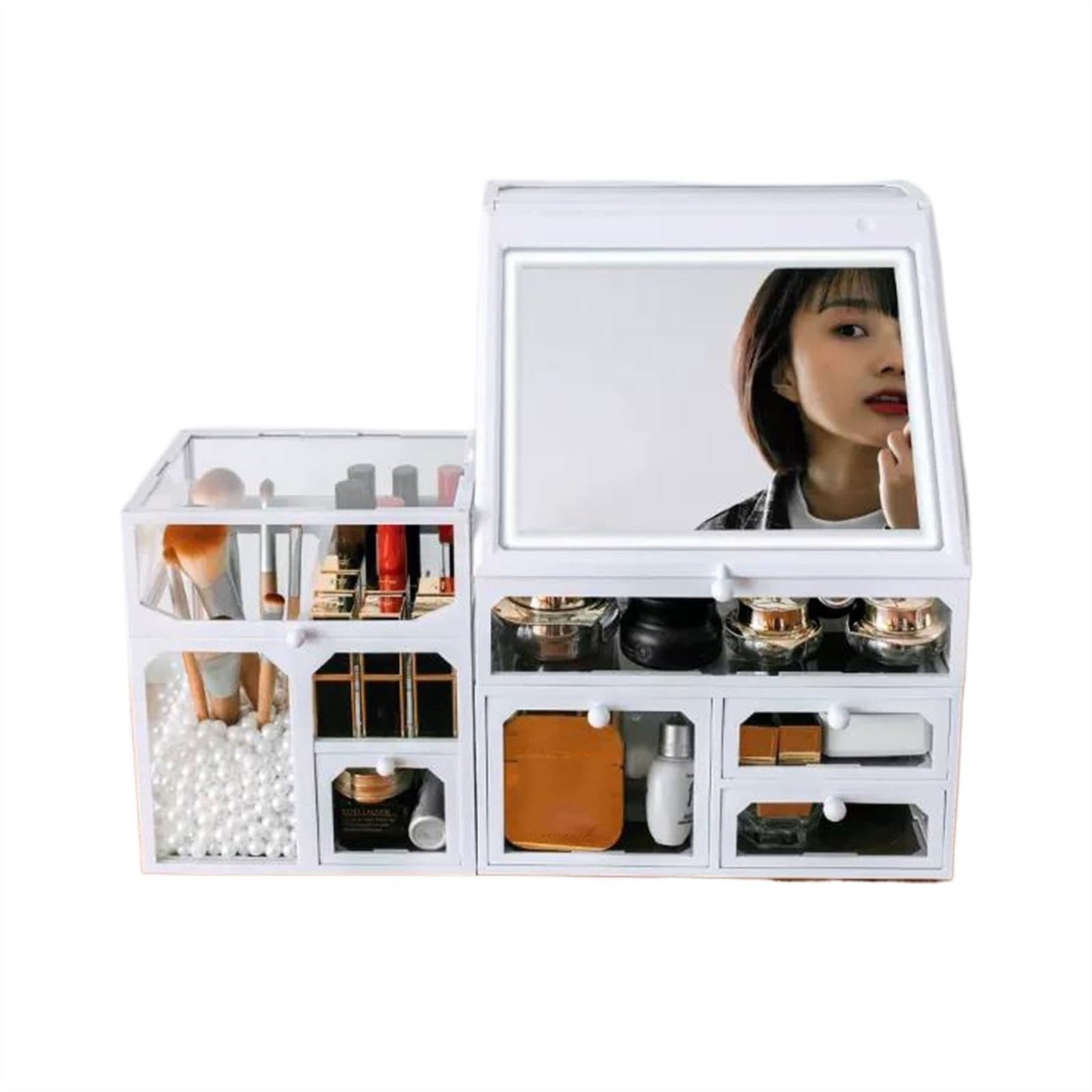 K5C7S3W9D6 Vanity Table Organiser Cosmetics Storage Box, Mirror, Desktop Skincare Product Sorting, Rack(White)