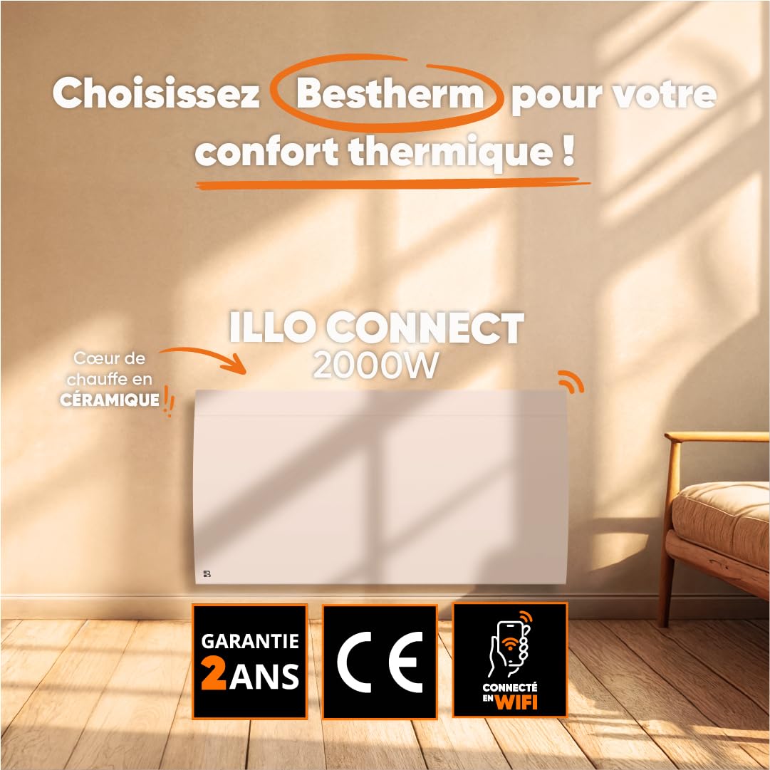 BESTHERM - Radiateur électrique fixe connecté WIFI à inertie sèche céramique 2000W Bestherm ILLO CONNECT horizontal blanc