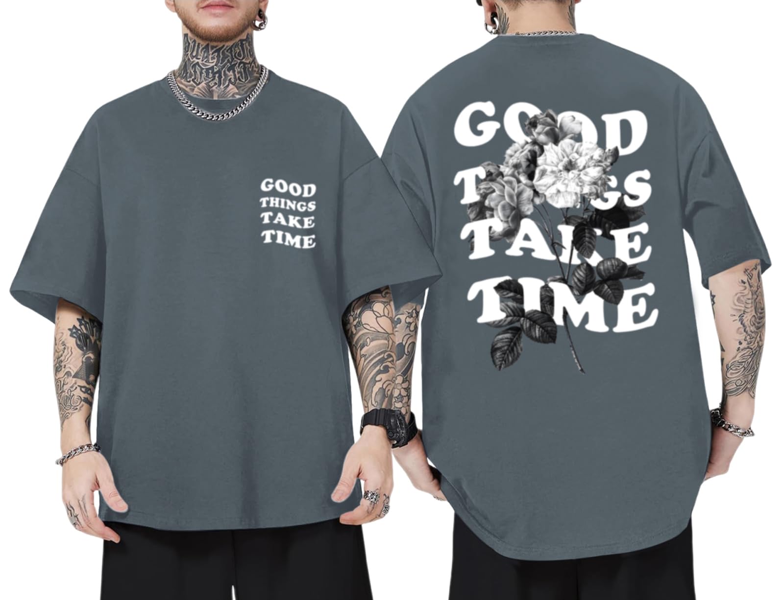 Wedsadl Vintage Graphic Tees for Men Oversized Floral Letter Print Retro Streetwear T Shirts Casual Loose Fit Cotton Tops