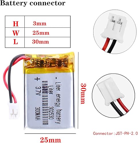 Miniatura 2 de Litro 3.7V 300mAh 302530 Lipo Batería recargable Batería de iones de polímero de litio con conector JST PH 0.079 in