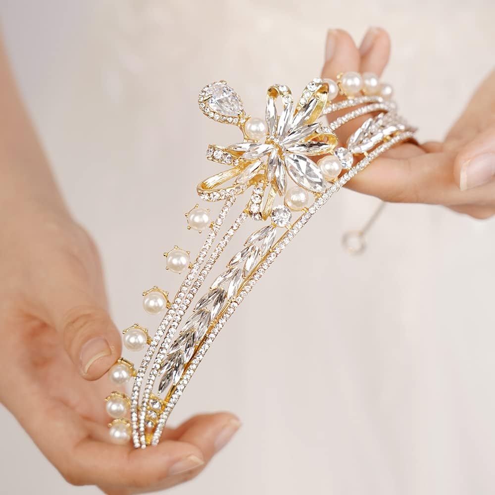 Wekicici Baroque Pearl Tiara Gold Crystal Crown Elegant Rhinestone Headband Bridal Headpiece Princesss Queen Crown for Women Wedding Birthday Party Prom Pageant Gift(Gold) - Image 4