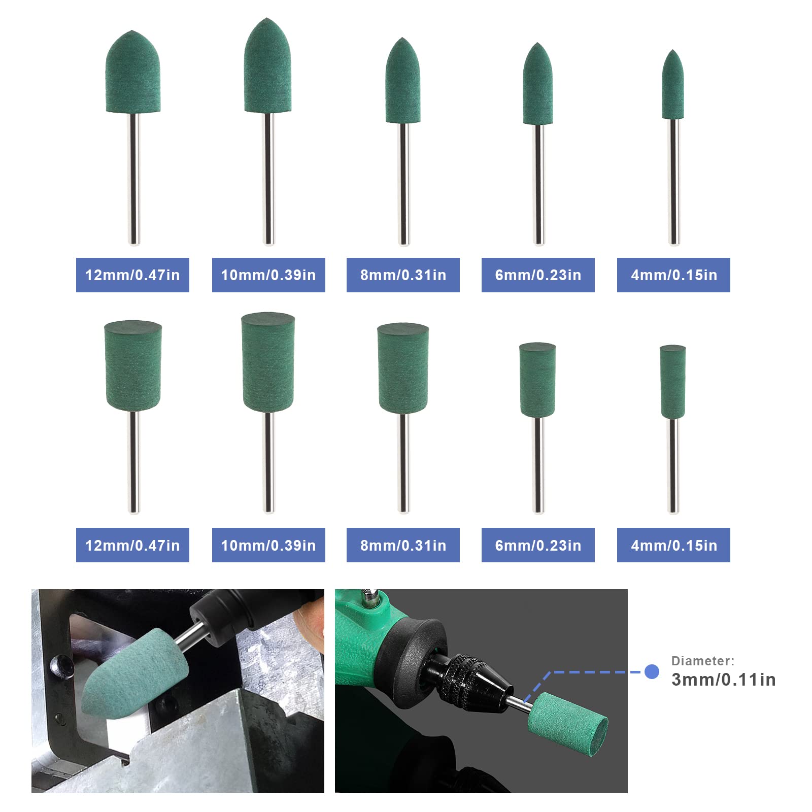 Create idea 30pcs Gomma Lucidatura Bit Cono Cilindro Forma Lucidatura Burrs Gioielli Ruota 3mm Mandrino 4mm 6mm 8mm 10mm 12mm Testa per Strumento Rotativo Trapano Elettrico Smerigliatrice