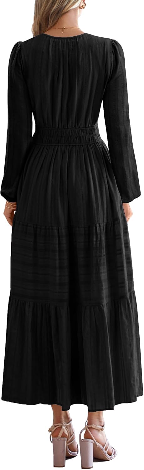 CzzzyL Nursing Fall Dresses for Women Puff Long Sleeve V Neck Tiered Wedding Guest Maxi Dress with Pockets