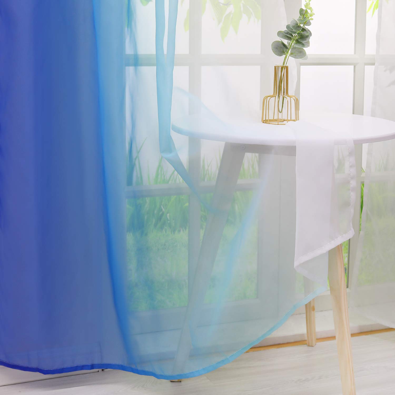 HongYa 2 Vorhänge, Farbverlauf, Weiß und Blau, H/L, 175/140 cm, Kräuselband, Polyester, transparent, einfache Installation, großes Fenster, für Schlafzimmer, Balkon, Küche