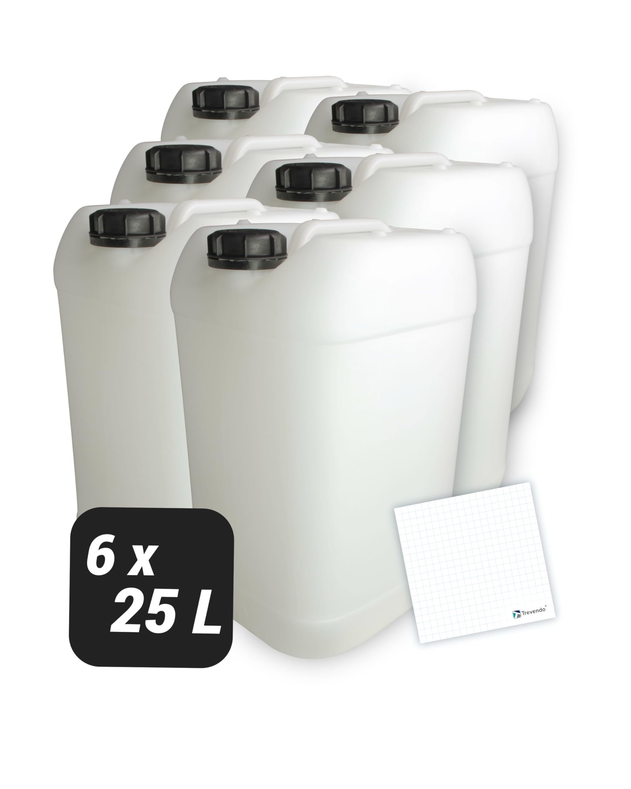 Trevendo 6er-Set Wasserkanister - Leerkanister - Kunststoffkanister (25 Liter) - lebensmittelecht & BPA-frei - inkl. Trevendo Beschriftungsetiketten