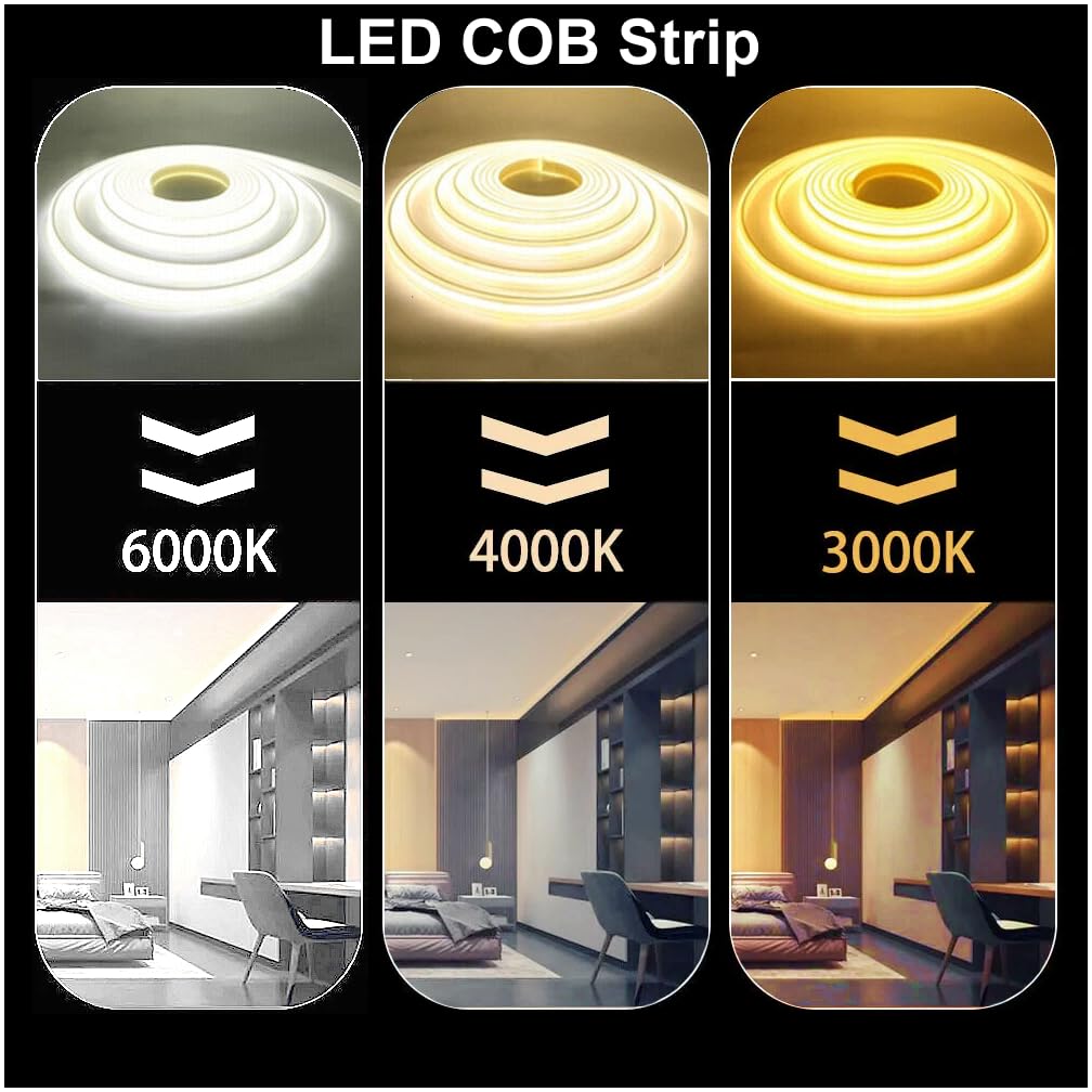 COB LED Stripe Set, LED Streifen Band Lichtschlauch Leiste Kette, Teilmöglichkeit aller 10 cm, 360LEDs pro Meter, IP20 Netzkabel mit Eurostecker (50 Meter, Kaltweiß (6000K), mit Schalter)