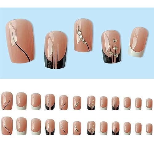 Miniatura 174 de 24 uñas postizas cuadradas medianas con punta francesa a presión, pegamento brillante en las uñas, uñas postizas de cobertura completa con diamantes