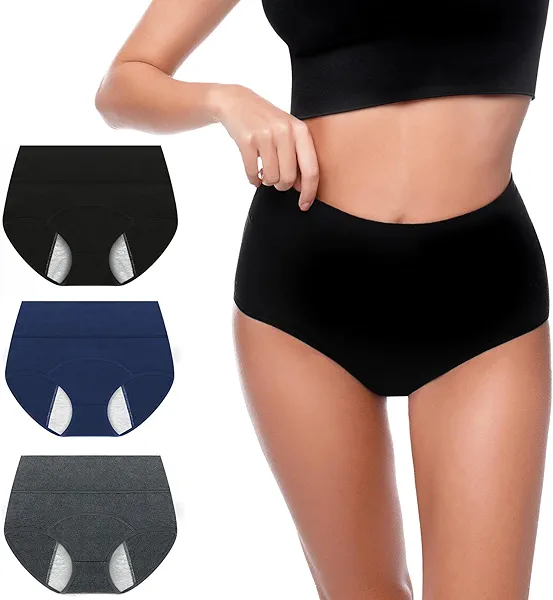 Walifrey Period Underwear for Women, High Waisted Panties Leakproof Postpartum Cotton Briefs 3 Pack Black/Navy Blue/Grey S