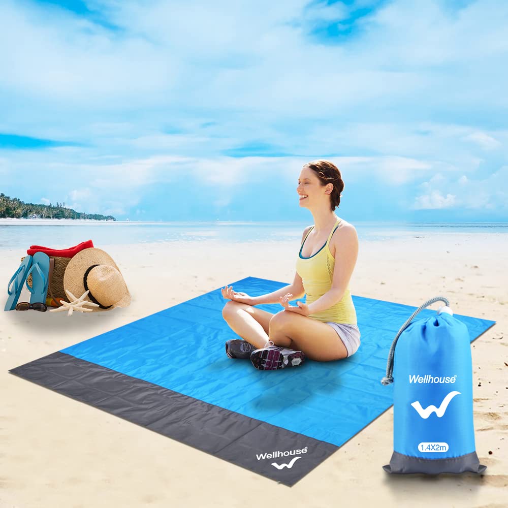wellhouse Tapis de Plage Anti Sable Couverture Pique Nique imperméables 2.1 x 2 m Tapis de Camping natte avec étui de Pochette Etanche Smartphone Couverture de Plage séchage Rapide avec Poche Bleu