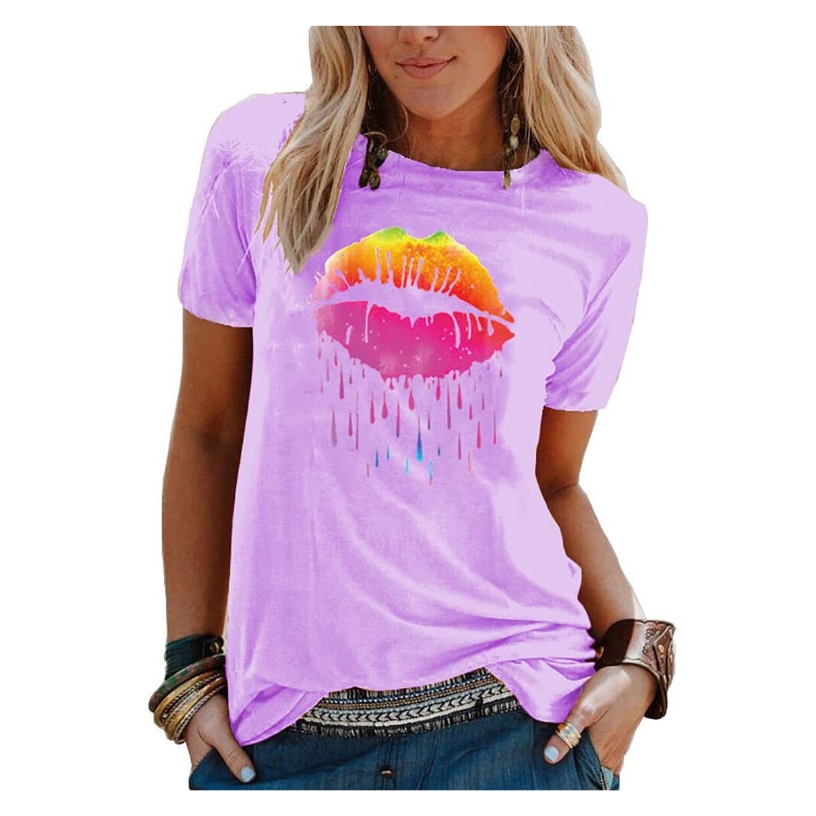 WEITING Été Femmes Haut Décontracté Basique À Manches Courtes T-Shirt Ample À Manches Courtes Col Rond Dames Col Rond Hauts Col Rond S-5XL t Shirt (Color : Pink 2, Size : 3XL)