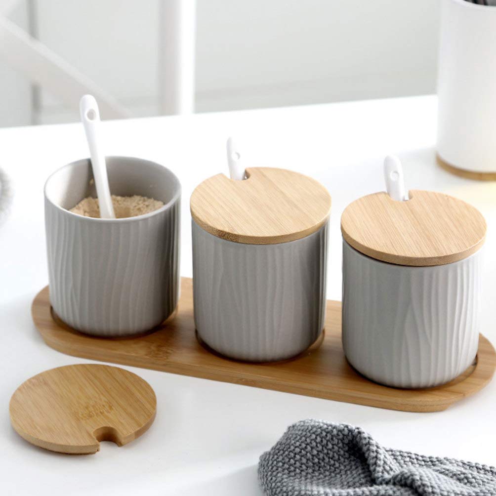 Tarro de especias de cerámica, macetas de especias con tapa, cuchara, bandeja de madera para servir en el hogar, cocina, 9,5 x 28,5 cm, color gris
