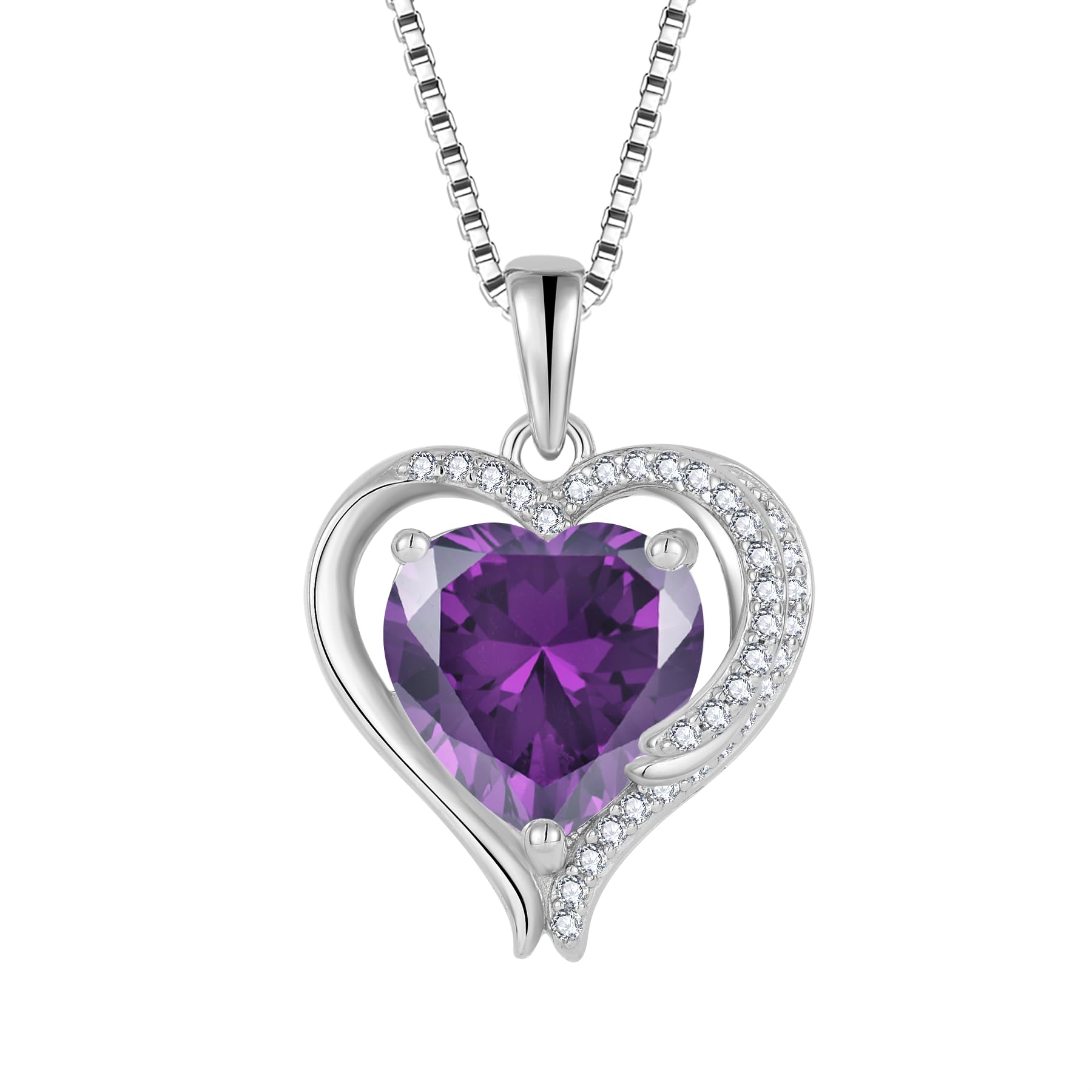 FJ Herz Kette Damen 925 Sterling Silber Engelsflügel Halskette Geburtsstein Schmuck für Frauen Mutter Freundin Mama