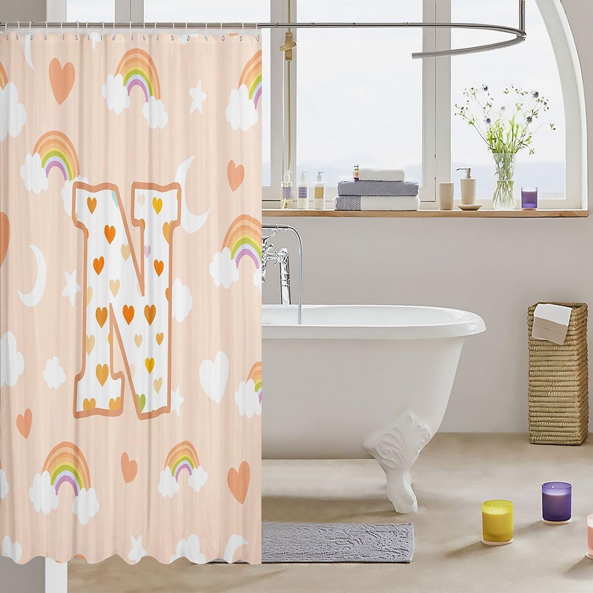 jejeloiu Cute Orange Rainbow Shower Curtain Star Moon Print Bath Curtain Personalized Letter N Bathroom Waterproof Accessories with 12 Hooks Colorful Love Heart Waterproof Polyester,72x72 Inches image 3