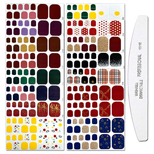 WOKOTO 15 Sheets Adhesive Toenail Wraps Polish Stickers Strips Set With 1Pc Nail File Solid Color Nail Art Decals Manicure Kit For Women