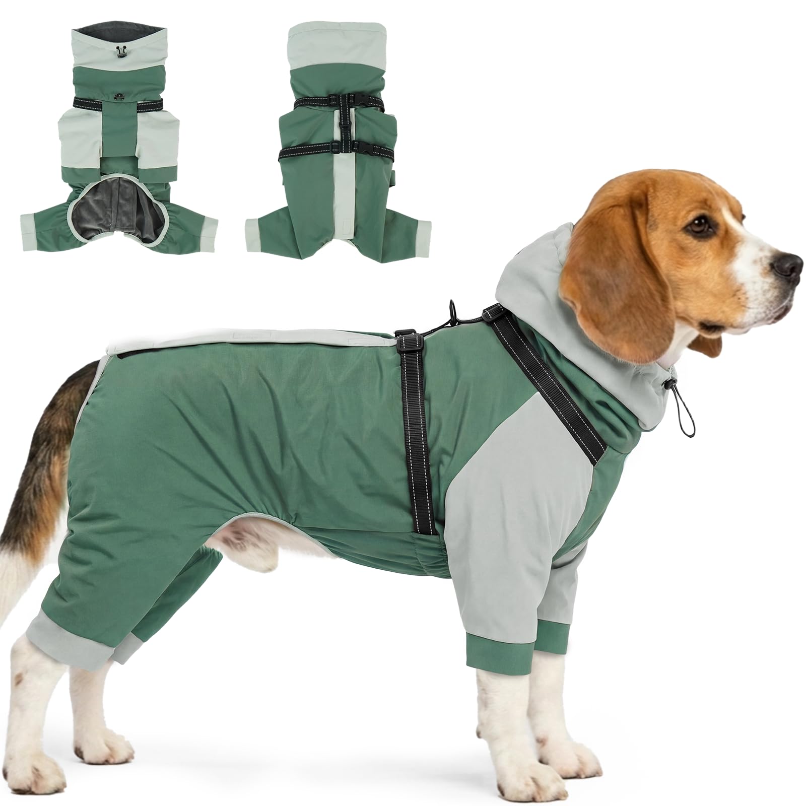 Lelepet Waterproof Dog Coat with Harness, Warm Dog Winter Apparel, Green L