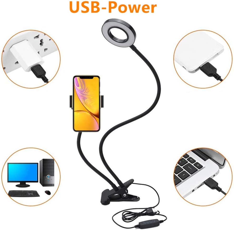 Clamp Webcam Light Stand for Live Stream, Selfie Ring Light with Cell Phone Holder and Webcam Mounts for Logitech Brio,C920,C930e,C930,C925e, C922, C615,C935e, Streamcam