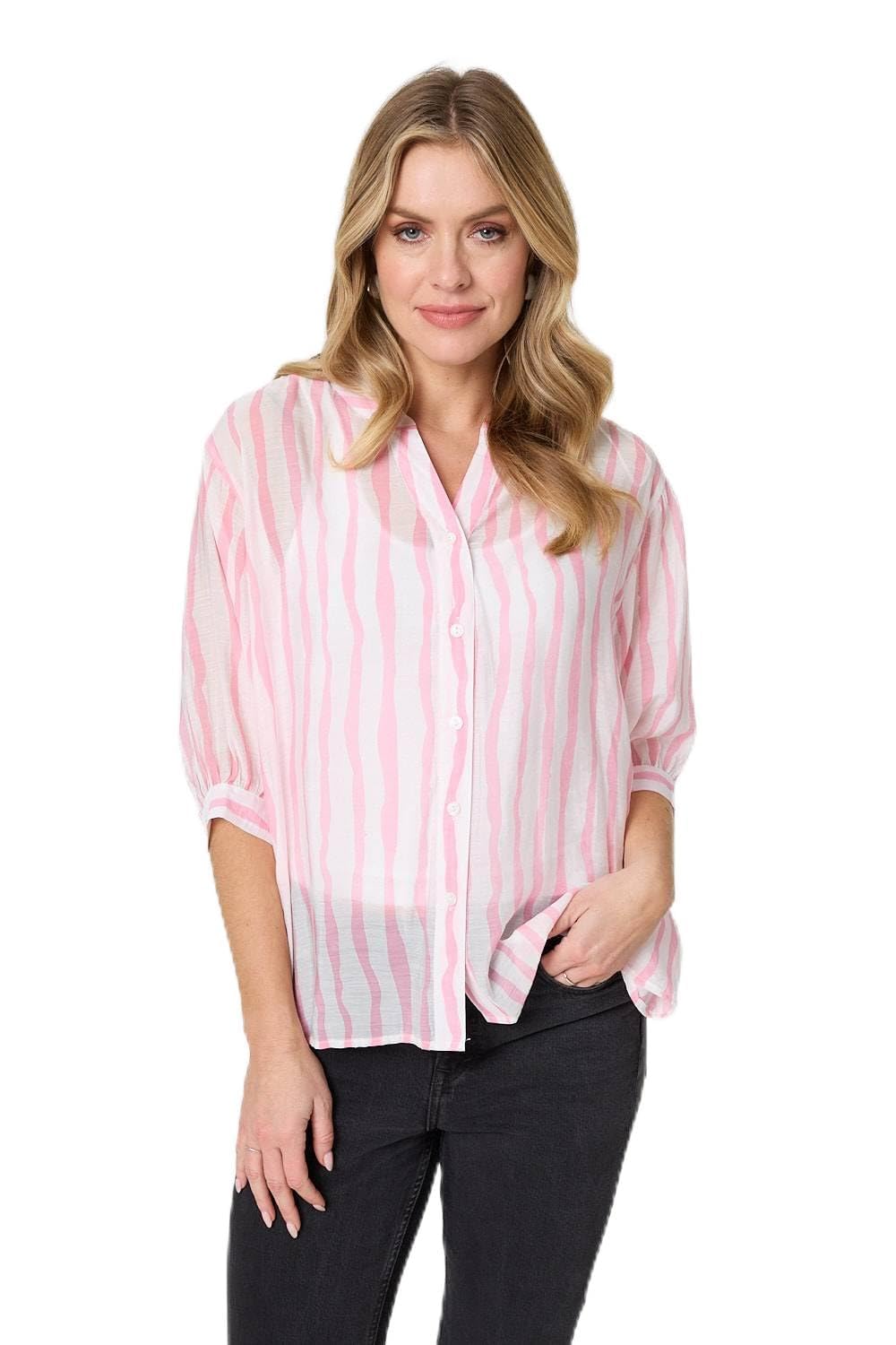 Izabel London Women's Pink Striped Sheer 3/4 Sleeve Relaxed Shirt In | Size: 12
