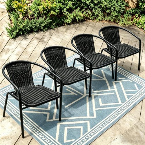 Image of 4 Stackable Wicker Patio Chairs, Weather-Resistant Outdoor Seating, Ideal for Balcony Porch Lawn & Small Patio Furniture Set Decor, Black