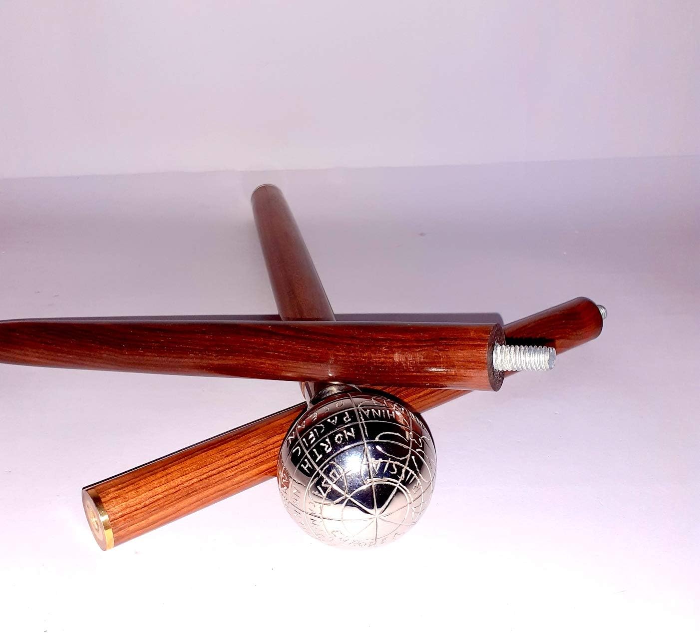 Vintage Designer Globe Handle Antique Style Victorian Cane Wooden Walking Stick Silver Brown