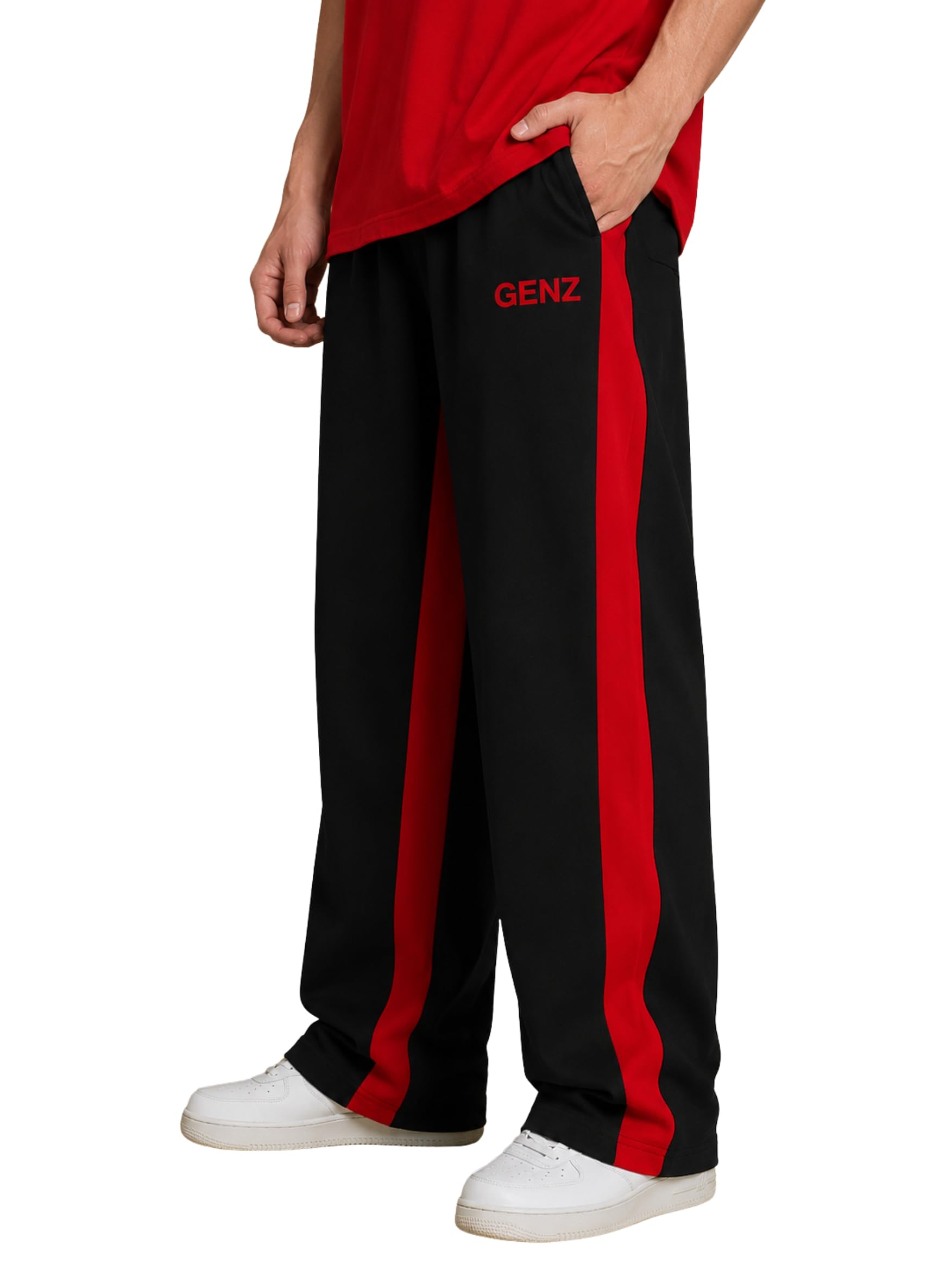 Genzclassic Men's Straight Fit Track Pants with Contrast Side Panels, Cotton Sports Lower | Black & Red-picture-28