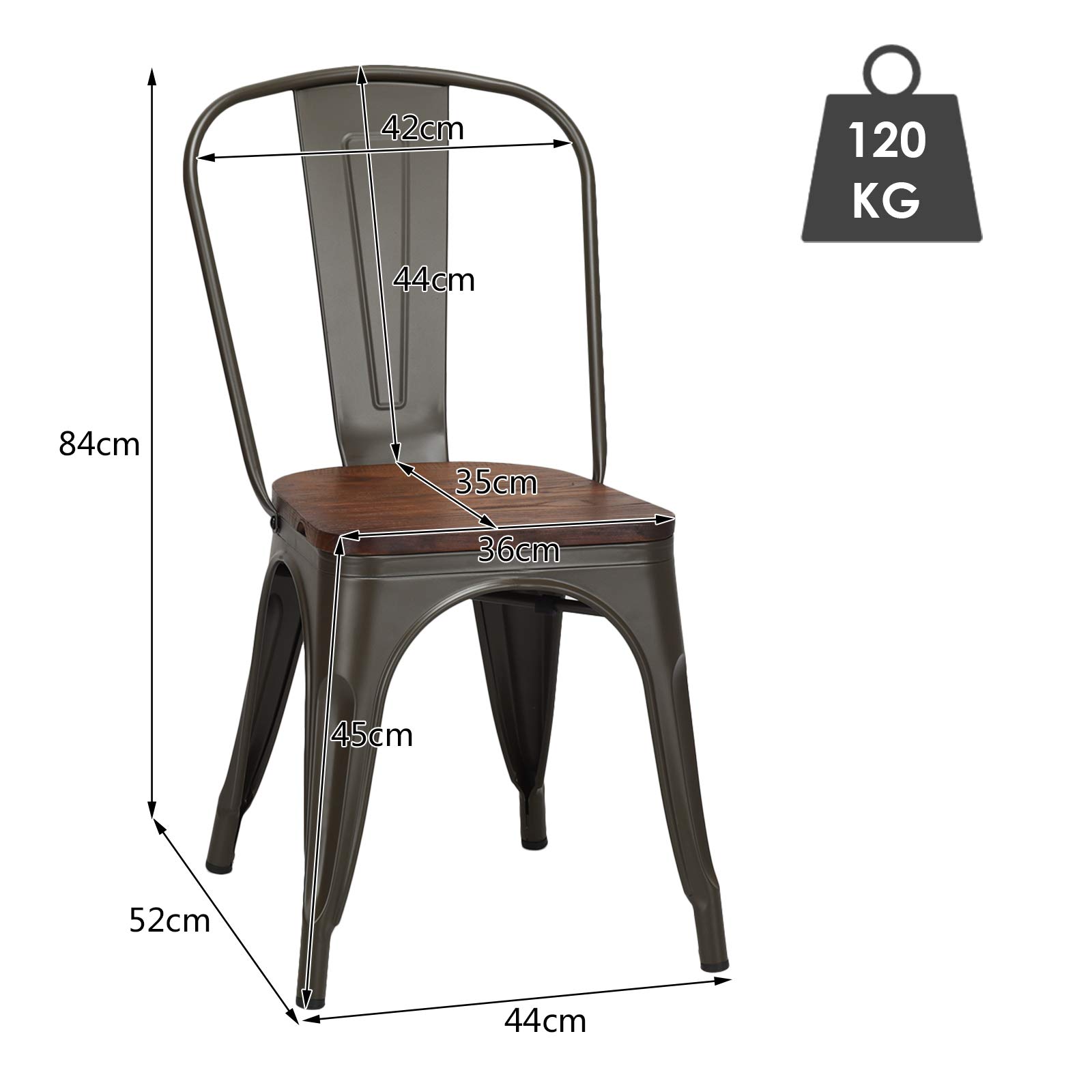 GOPLUS Lot de 4 Chaises en Métal Salle à Manger, Chaises avec Assise de Style Industriel, Vintage en Bois Massif, Tabouret Empilable avec Dossier pour Jardin Balcon (Vintage)