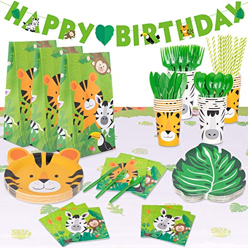 Decorlife Jungle Theme Party Supplies, Animal Theme Party Plates and Cups and Napkins Sets, Total 218PCS, Including Jungle Plates and Napkins, 54