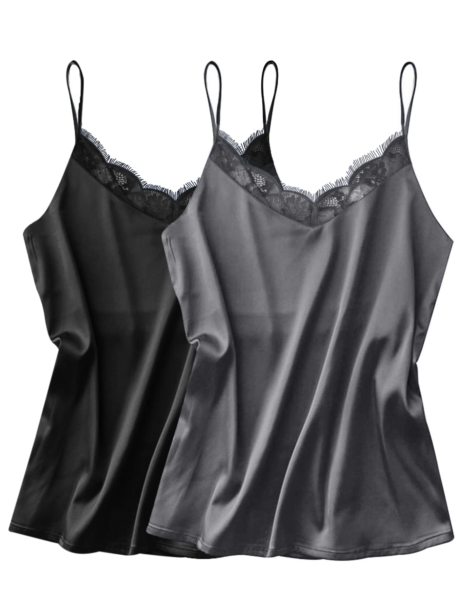 Ekouaer Camisetas sin Mangas de Satén Conjunto de 2 con Encaje para Mujer Sexys Camisetas de Seda con Tirantes Finos y Cuello en V